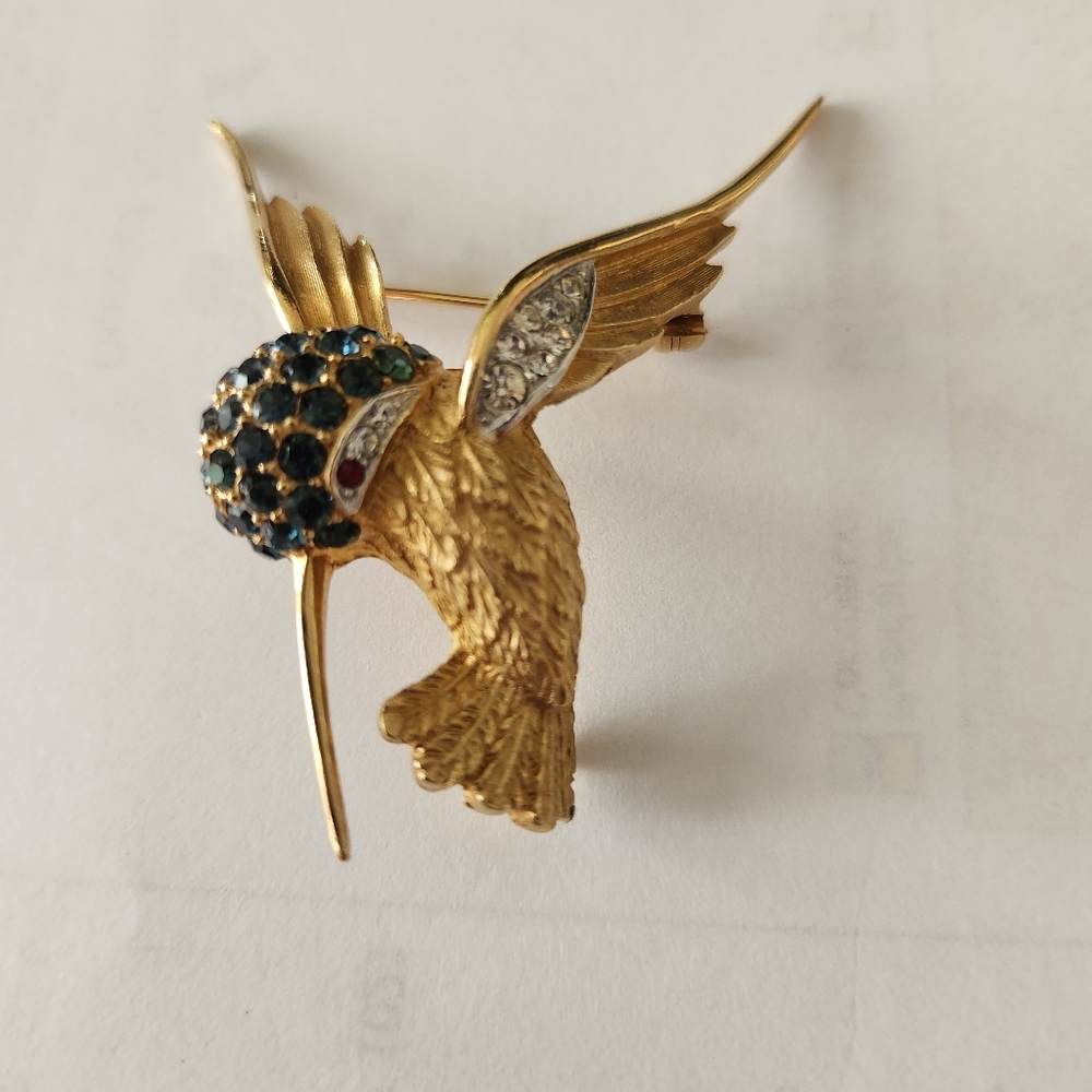 Boucher Vintage Gold Plated Blue Rhinestone Hummingbird brooch